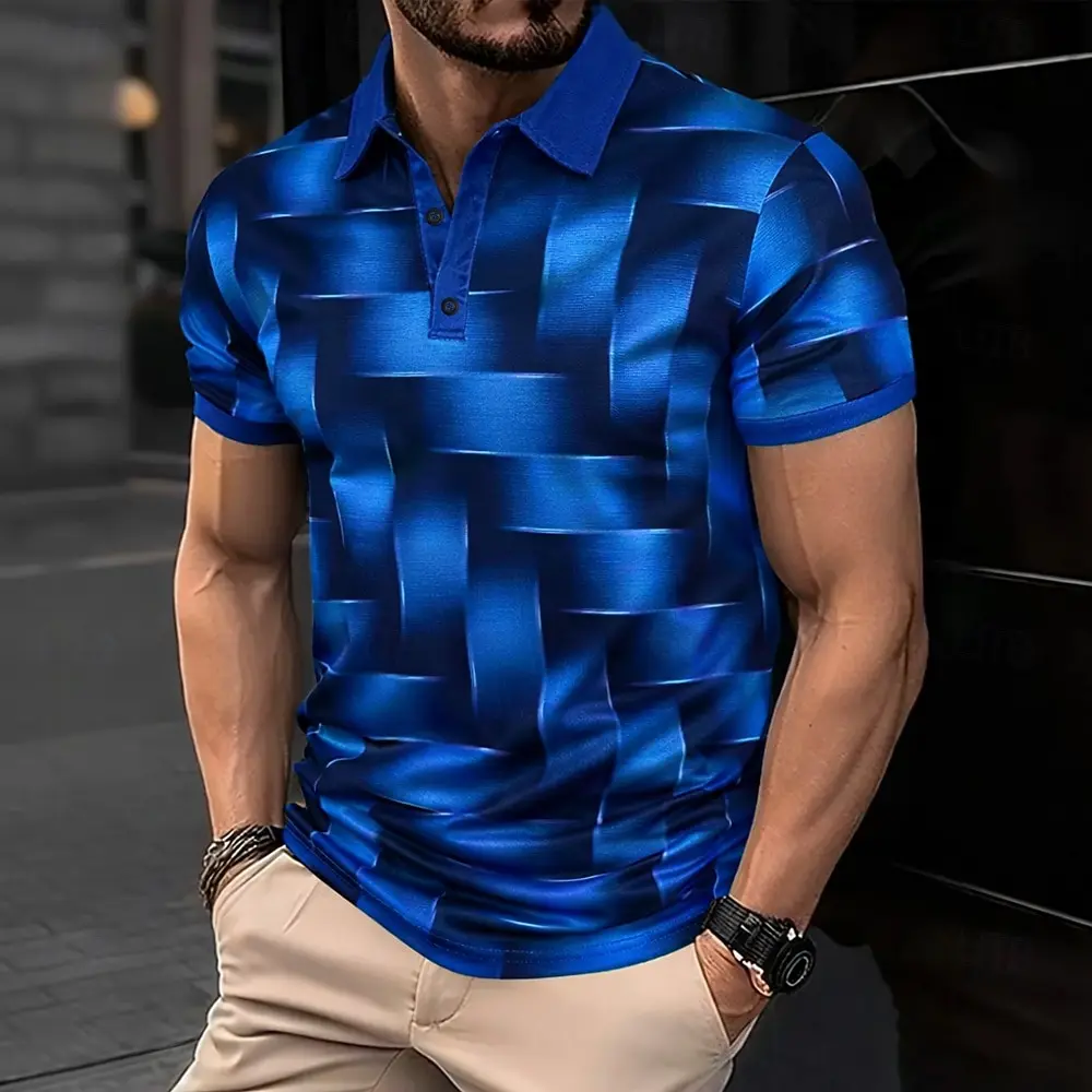 3D Woven Graphic Polo Shirt Men Metallic Blue Optical Design Short Sleeve Sports Tops Summer Fit Casual Polo 2026 New