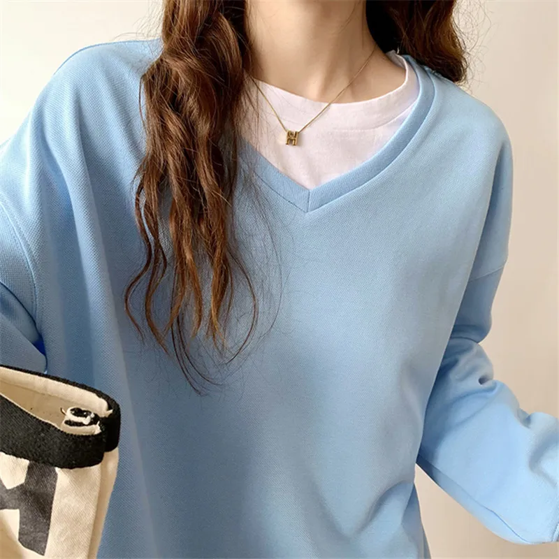 Women's Patchwork V-neck Casual Loose Autumn Fashionable Sweatshirt 2024 New Solid Color Ladies Winter Pullovers Tops Female Ins