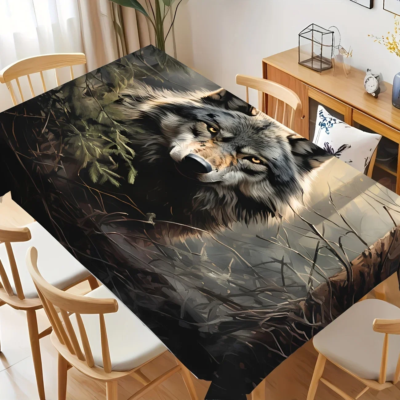 One vintage Siberian wolf and autumn leaf tablecloth - realistic animal print rectangular polyester tablecloth coverzyc