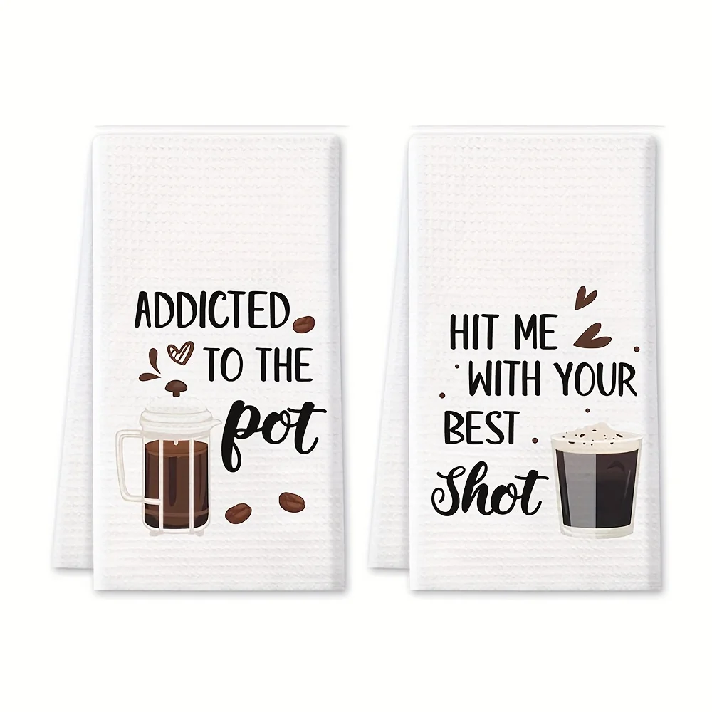 2pcs, Hand Towels, Coffee Theme Kitchen Towel, Coffee Pot Cup Pattern Decorative Dishcloth, Absorbent Tea Towel For Holiday, Kit