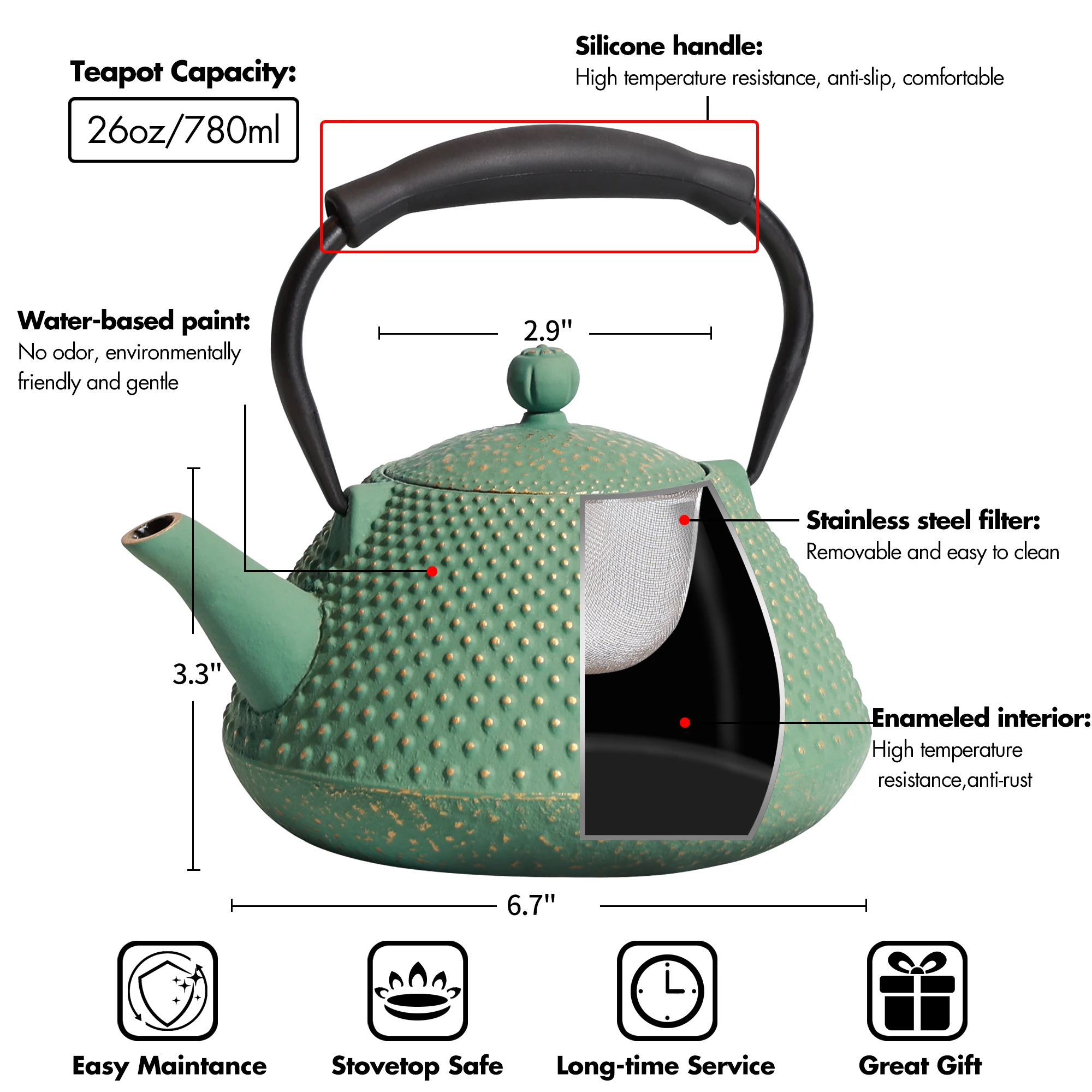 Cast Iron Teapot Tea Kettle Pot with Removable Stainless Steel Strainer Infuser for Loose Leaf & Coffee, 26oz 780ml Black