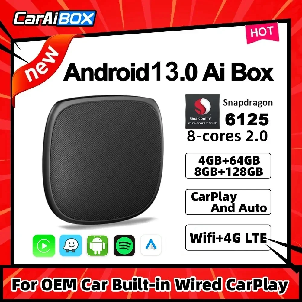 

CarAiBOX CarPlay Ai Box Qualcomm 6125 8-Core CPU Android 13.0 Wireless CarPlay Android auto For OEM Car Built-in Wired CarPlay