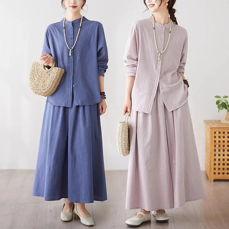 

Весна/Лето 2022, комплект из хлопка и льна большого размера — этнический наряд из двух предметов в стиле бохо в стиле ретро | Свободный женский комплект из юбки и топа G434