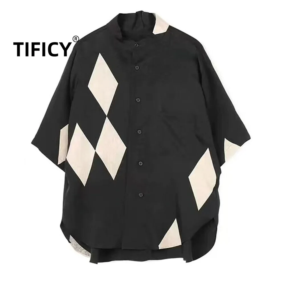 High Street Japanese Style Dark Style Shirts Men's Diamond Square Splicing Loose Standing Collar Short Sleeved Shirt Top