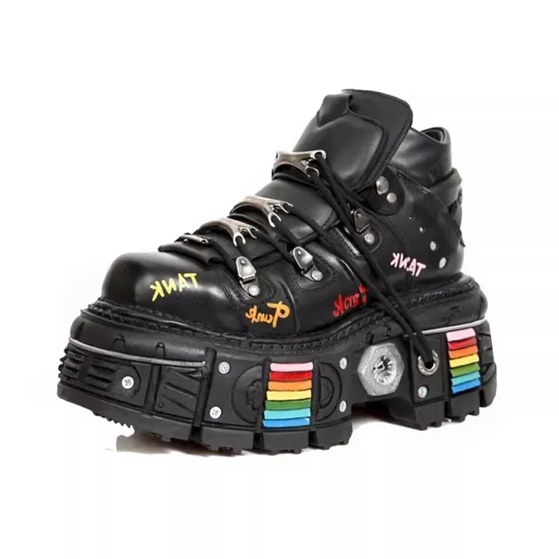 Genuine Leather Men's Ankle Motorcycle Boots Spanish Tank Metal Round Toe Platform Women Hand-Painted Punk Street Rock Shoes45