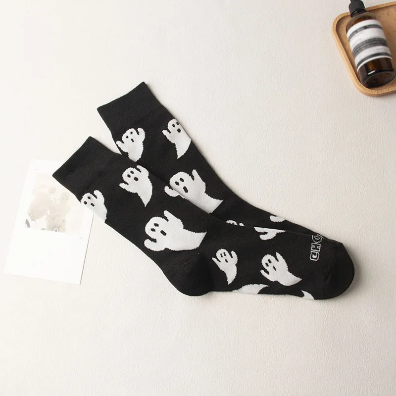 1Pairs Halloween Ghost Funny Women\'s Cotton Socks Black Hosiery Mid Tube Sock Halloween Winter Warm Sock Tide Socks Unisex Gifts