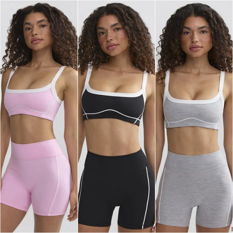 

PMWRUN 2025 Yoga Set For Women Square Neck Bra Wide Straps High Waist Shorts Yoga Pilates Cardio Exercises Fitness Training Set