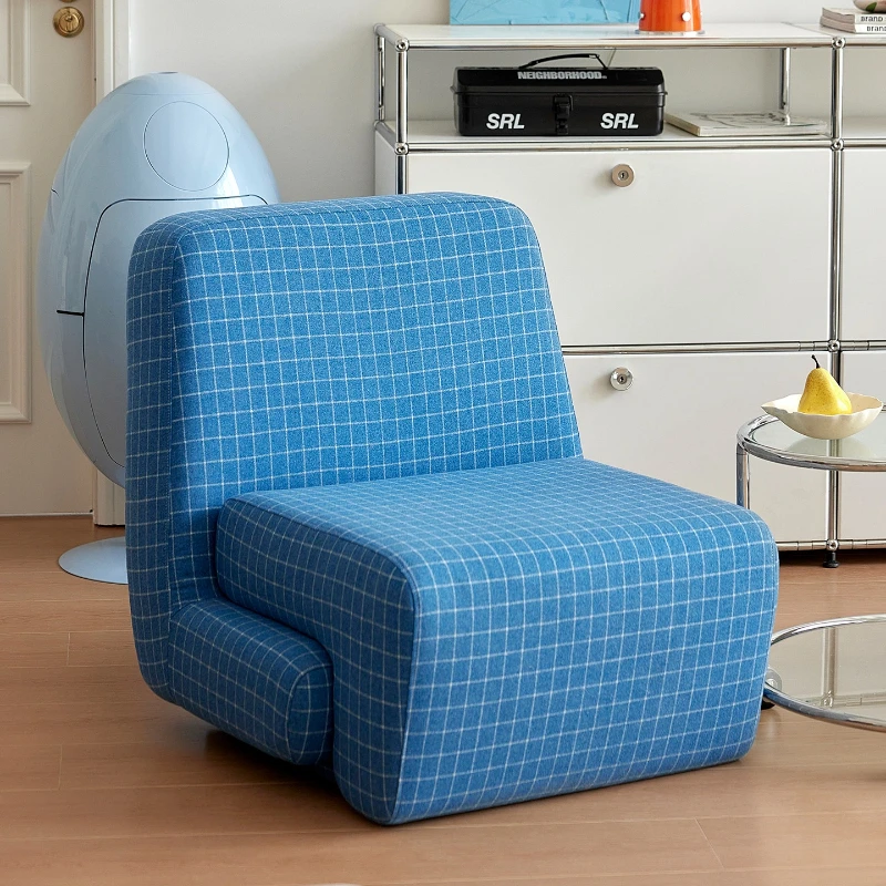 

Blue plaid single sofa French retro living room balcony casual fabric sofa antique style