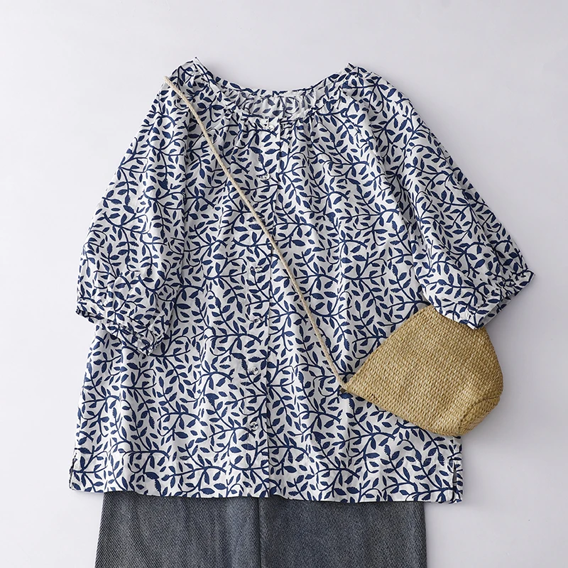 예술적인 꽃무늬 프린트 여성용 여름 디자인 독특한 안티에이징 5부 소매 트렌디한 코튼 린넨 혼방 탑