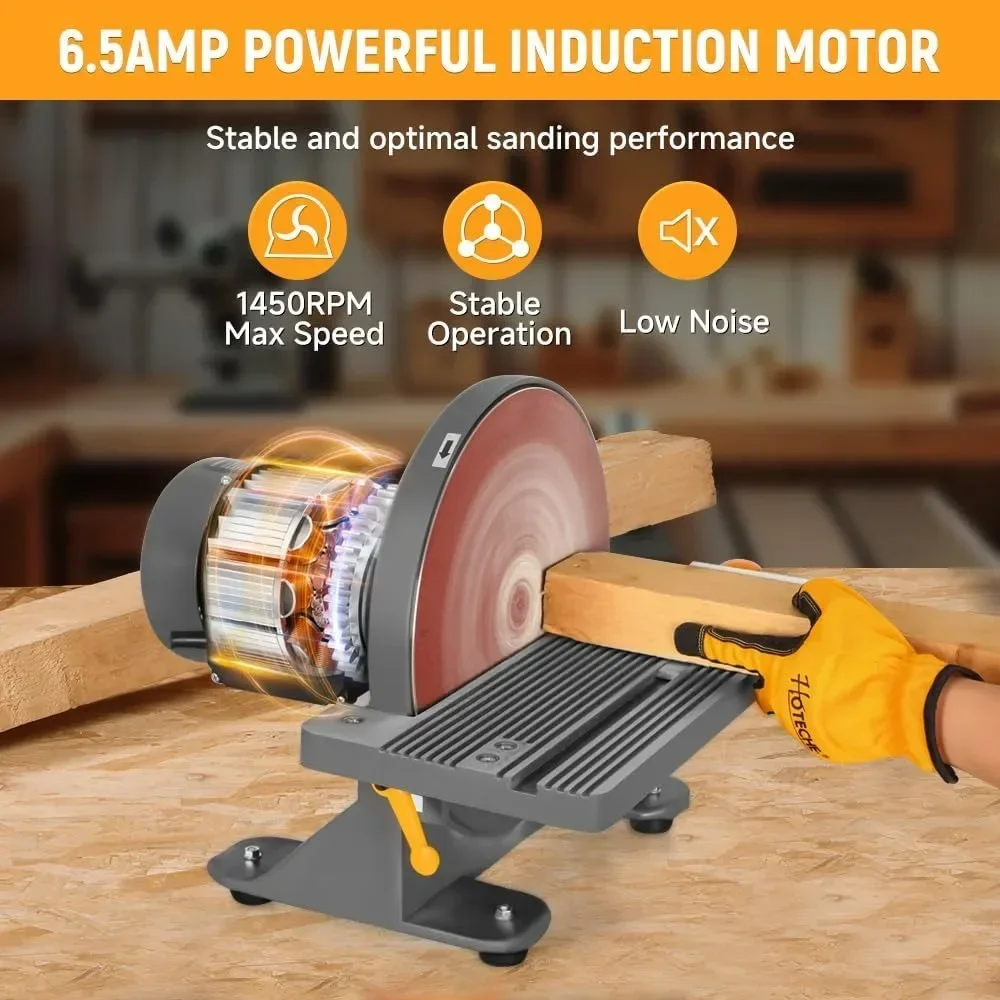 Lijadora de disco de sobremesa de 12 pulgadas, máquina de lijado de 6,5 amperios con manómetro y sistema de recolección de polvo para madera y metal