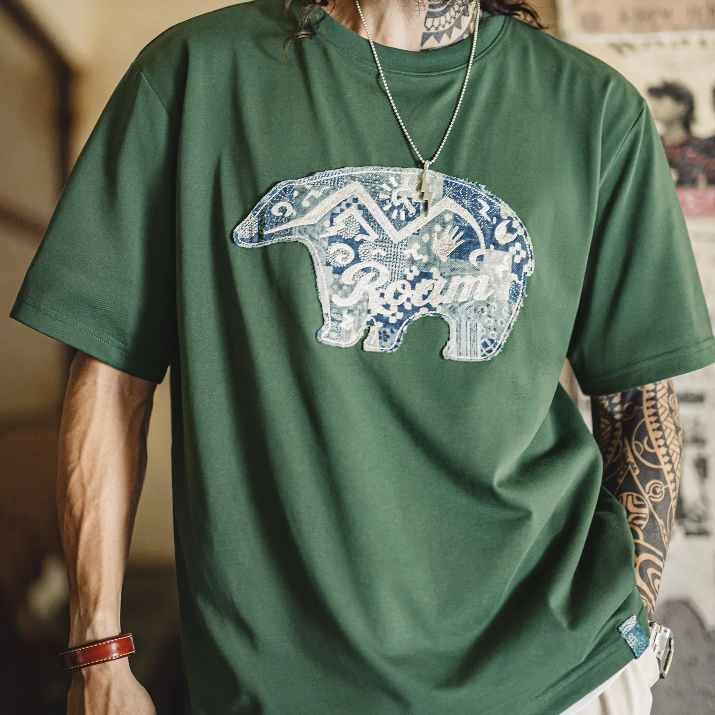 MADEN American Vintage Men's Short Sleeve T-Shirt Green Heritage Patchwork Applique Ethnic Knitted