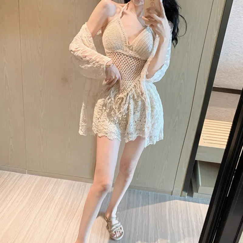 Długi Rękaw Strój Kąpielowy Damski Bikini Seksowna Bluzka Zestaw Trzy Zbierane Dzianinowe Siateczkowe Plażowe Ochrona Przed Słońcem