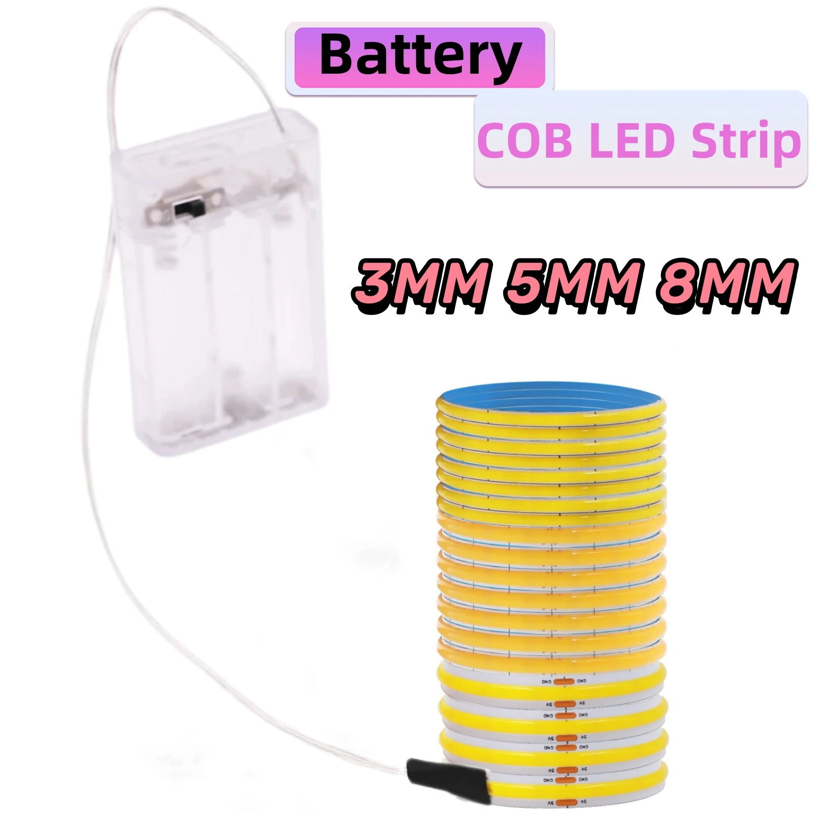 AA Battery Box 5V COB LED Strip 3MM 5MM 8MM 320LEDs/M High Density Flexible RA90 3000K 4000K 6000K FOB Tape Rope Night Lights