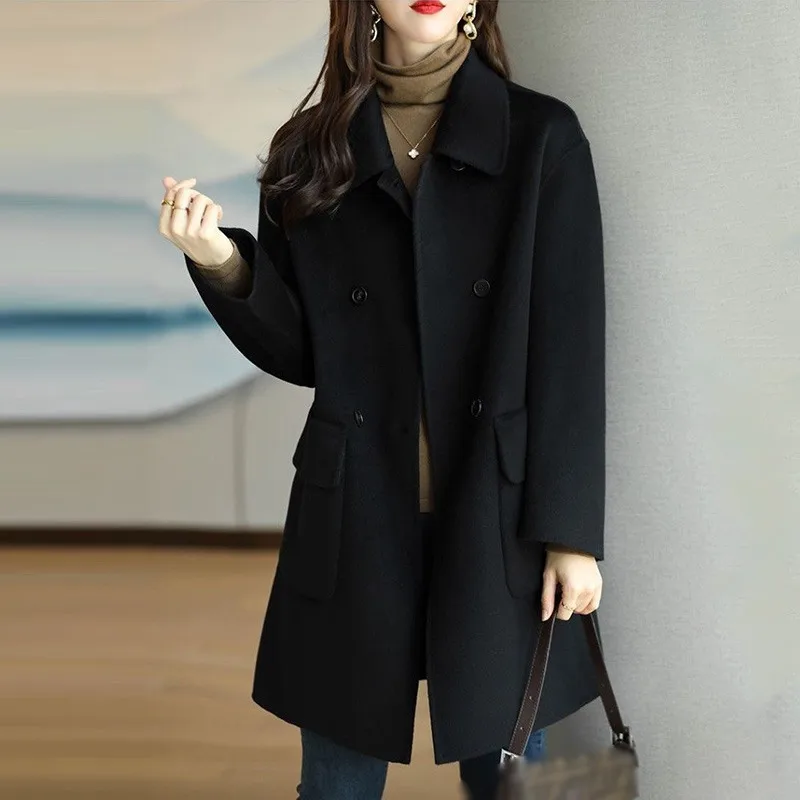 Autumn Women Coat Lapel Double Breasted Trench Coat Flap Pockets Thermal Jacket Mid-length Thickened Overcoat Warm Winter Jacket