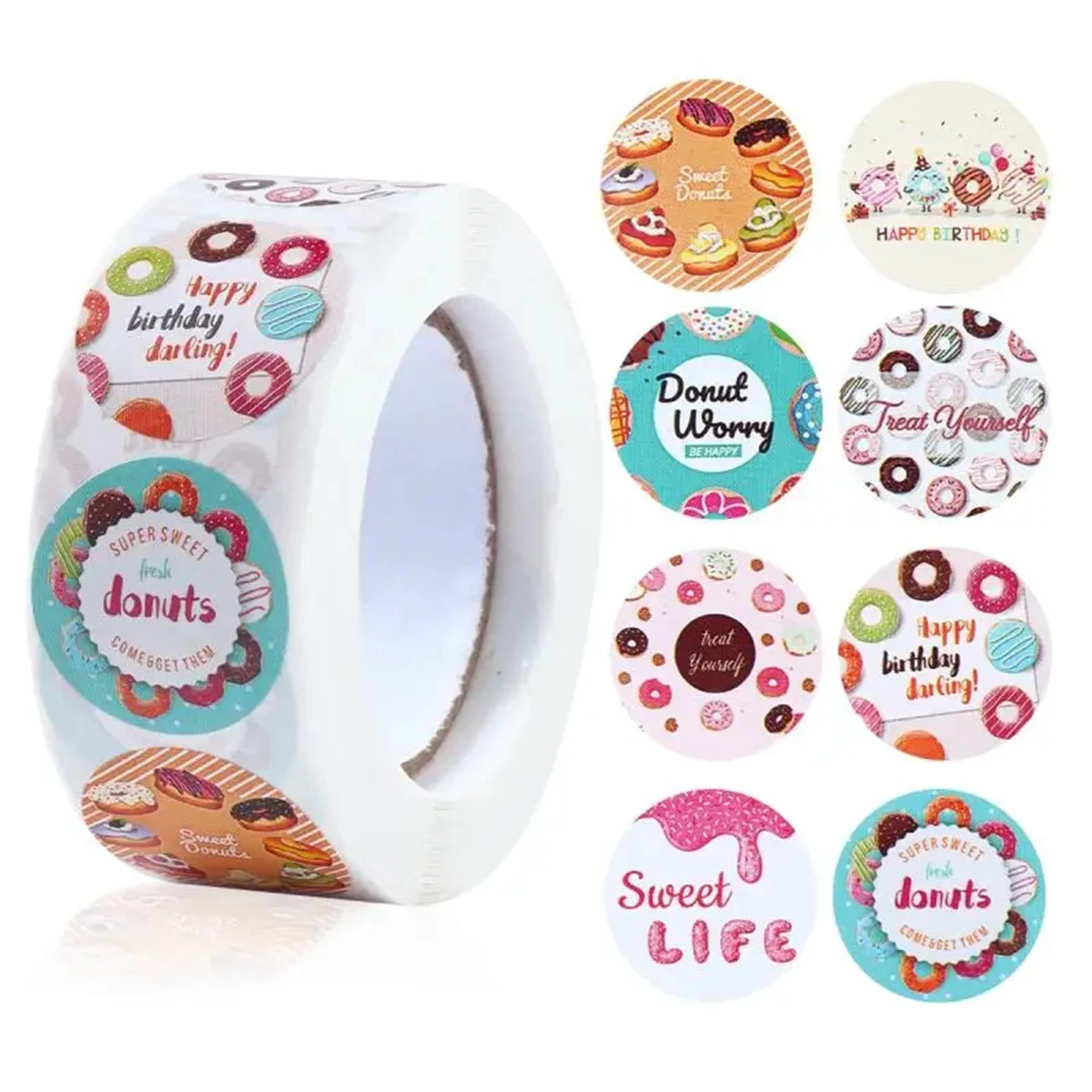 500PCS Donut Sealing Stickers Candy Bags Box Sticker Donut Happy Birthday Party Gift Decorations Bag Labels Stationery Sticker