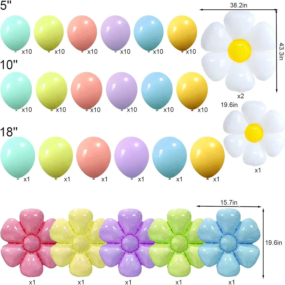 134 sztuki pastelowych balonów stokrotki, ogromnych białych kwiatów balonów z folii aluminiowej Różowy żółty niebieski zielony fioletowy balon lateksowy z helem, odpowiedni na urodziny, Baby Shower, wesele, materiały do dekoracji imprezy stokrotki — zdjęcie 7