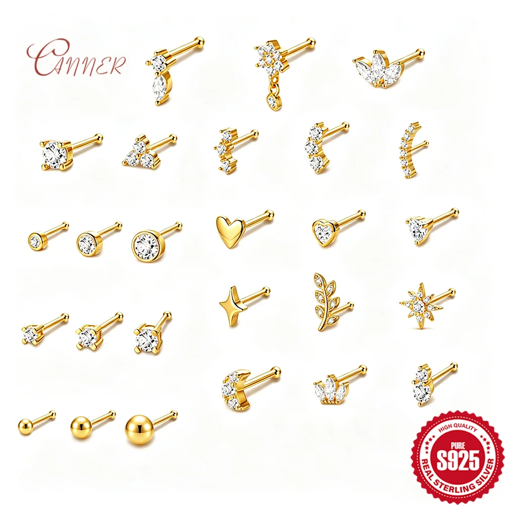 CANNER 925 Sterling Silver Mini Dainty Flat Back Piercing Stud Zircon Heart Star Moon Leaf Cartilage Helix Tragus Earring Women