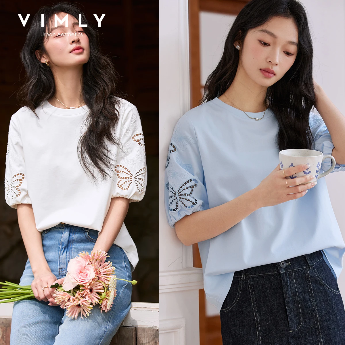 

VIMLY белые вязаные топы с короткими рукавами, повседневная женская футболка с круглым вырезом и вышивкой Bufferfly, лето 2025 г., женская футболка A0372