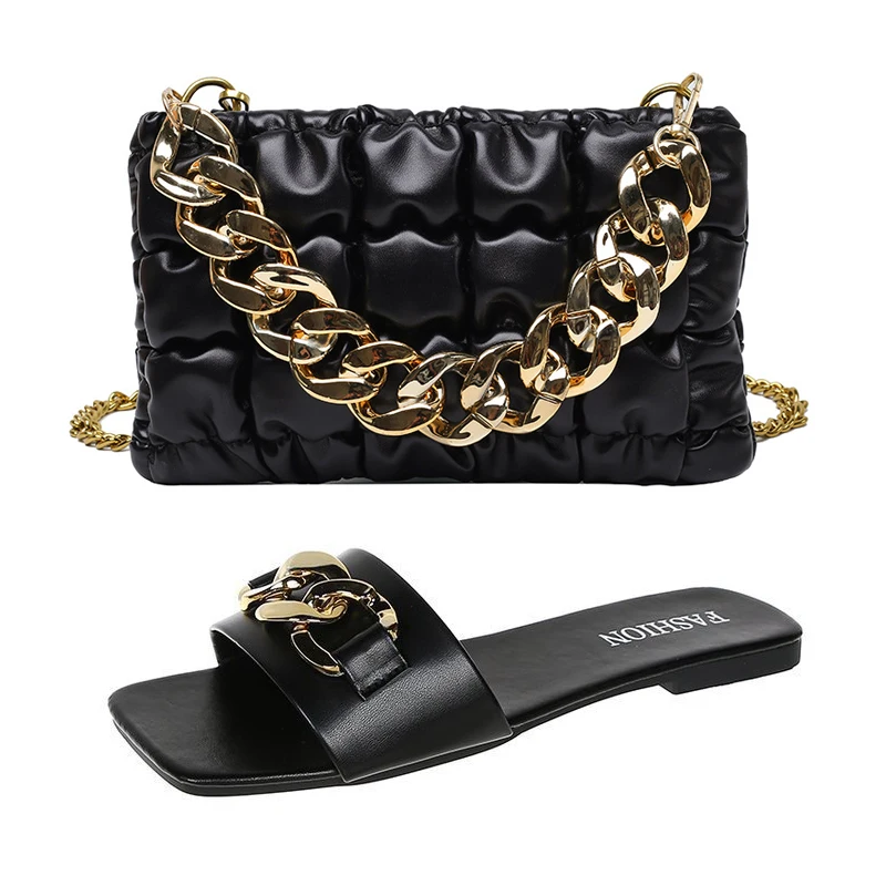 Summer New Square Head Chain Slippers Large Size Color Slippers Thick Chain Handheld Small Square Bag Set Flat Bottom Beach Shoe