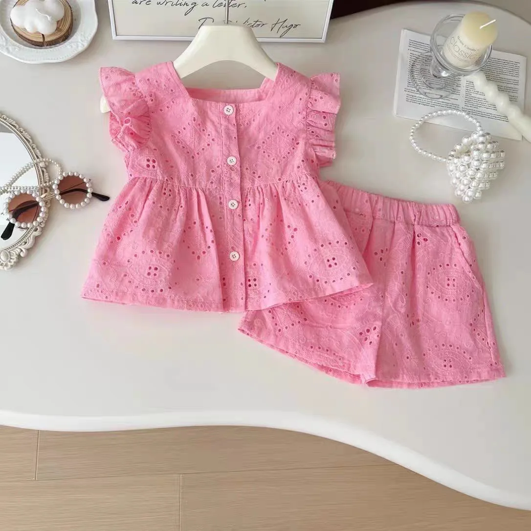 

2025 Summer New Girls Cute Cute Flying Sleeve Tops + Shorts 2pcs Suit Cotton Kids Thin Sweet Set Infant Toddler Fashion Outfits
