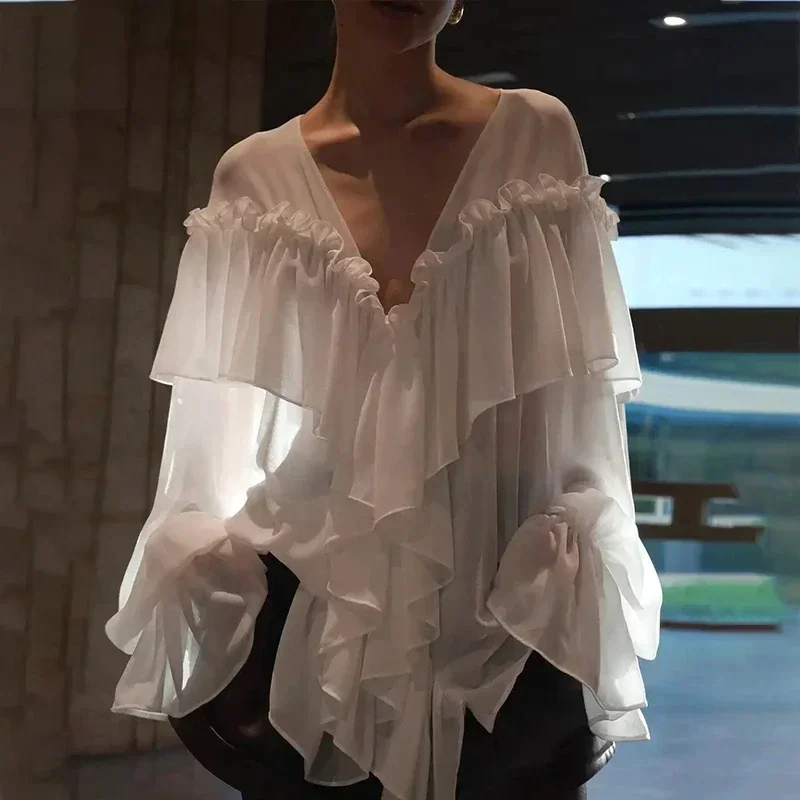 

Summer White Chiffon Shirts Women Fashion Sexy Ruffles V Neck Sheer Black Blouses Summer Ladies Korean Flare Long Sleeve Tops