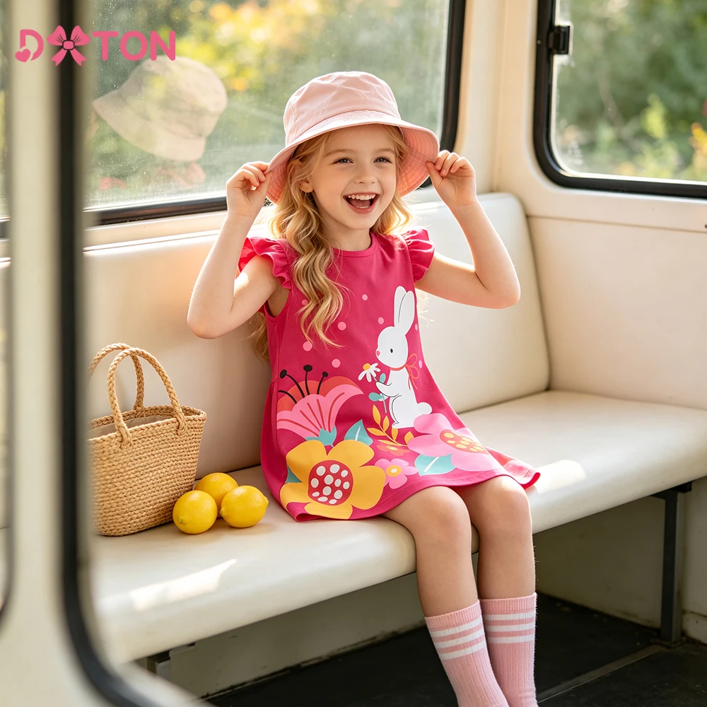 DXTON Sleeveless Summer Girls Dresses Rabbit Floral Printed Kids Outfits Princess Dress Clothing Cotton Casual Toddler Dresses