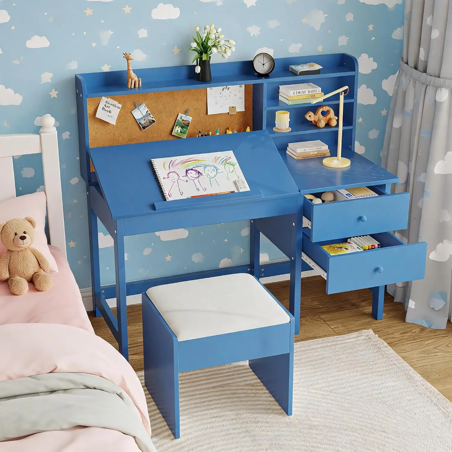 Adjustable Kids Desk and Chair Set with Tilt Desktop, Hutch, Drawers & Cork Board, Ergonomic Wooden Study Table for Boys and Girls Ages 3-8 Years - view 3