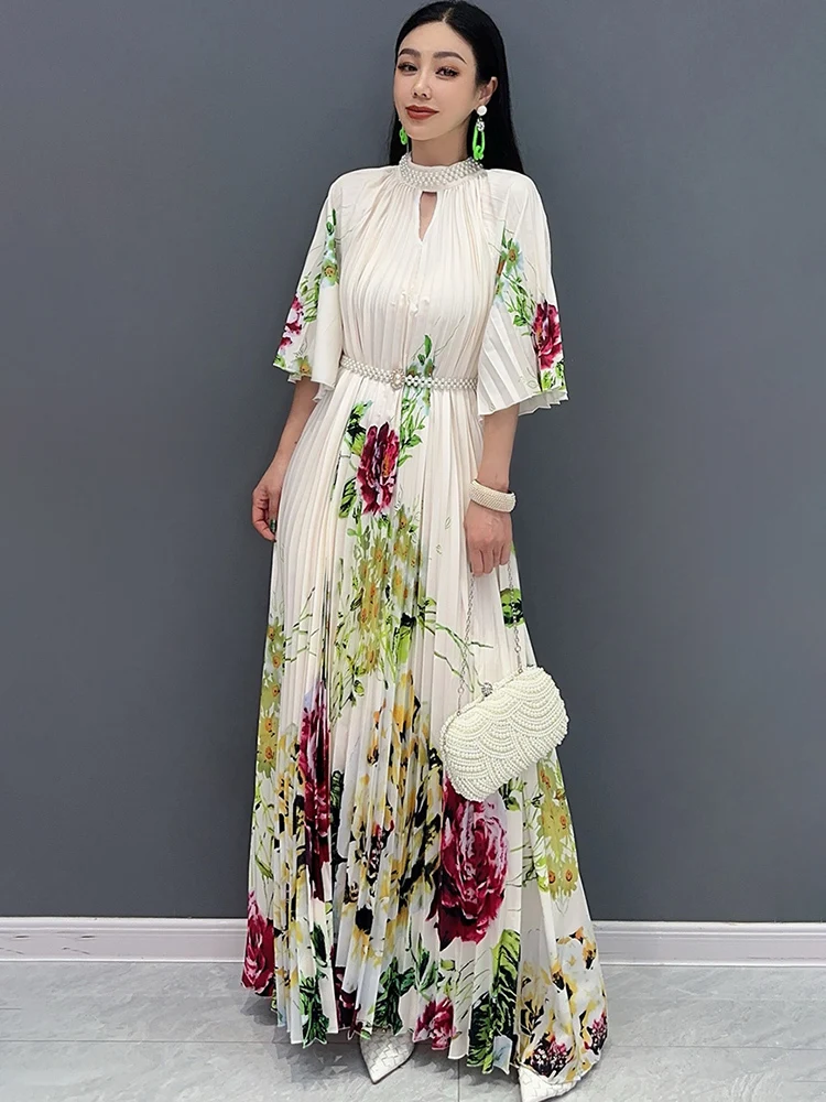 SHENGPALAE Pleated Dress For Women 2024 Summer New Printed Elegant Chic Casual Large Hem A-line Long Dresses Female Robe 5C1144