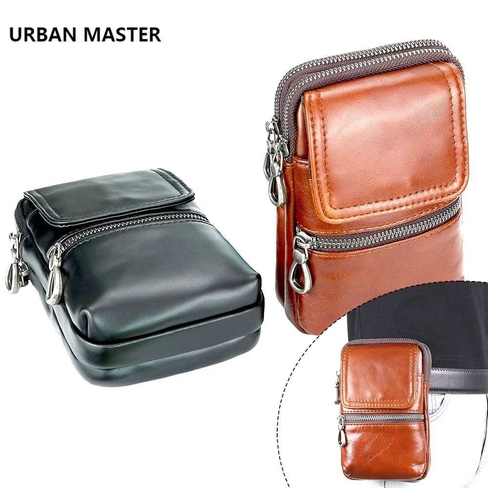 URBAN MASTER New Design Genuine Leather Outdoor Travel Waist Packs For Men, Retro Men\'s Mobile Phone Bag With Belt 1714