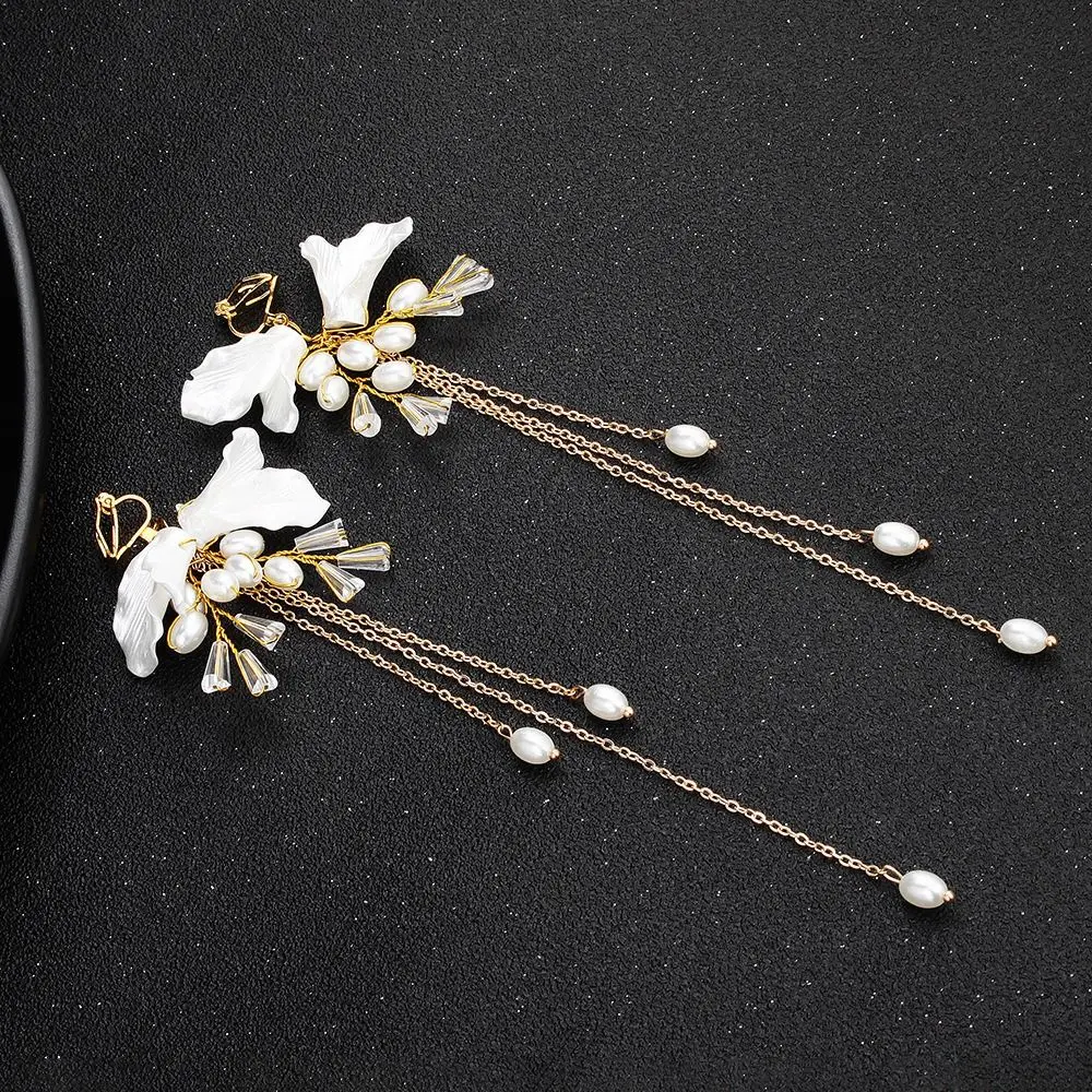 

Tassels Earring Bride Wedding Tiaras Pearl Crown Headpiece Bridal Headwear Earring Handmade Golden Elegant Flower Hairband