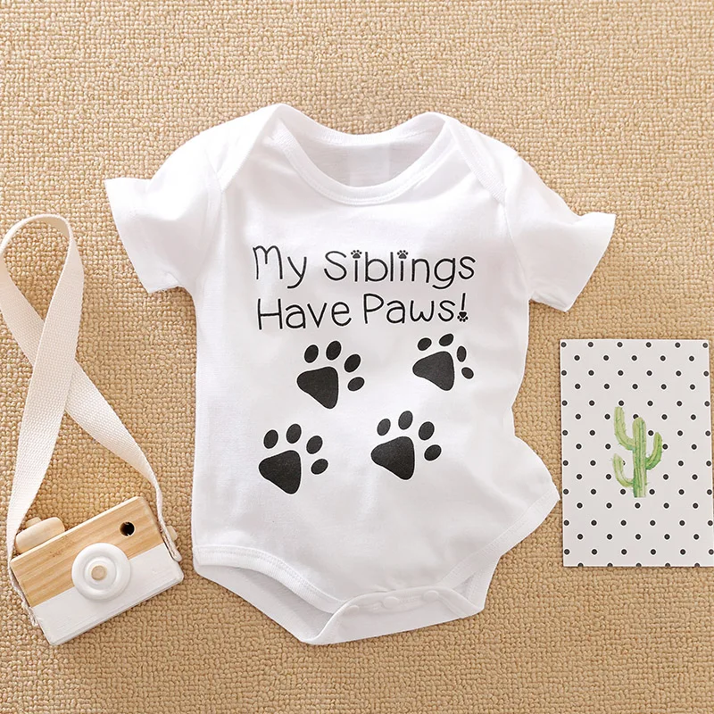 

Newborn Boy Girl Baby Jumpsuit Cartoon Footprint Printed Letters Simple Casual White Spring Summer Short Sleeved Jumpsuit