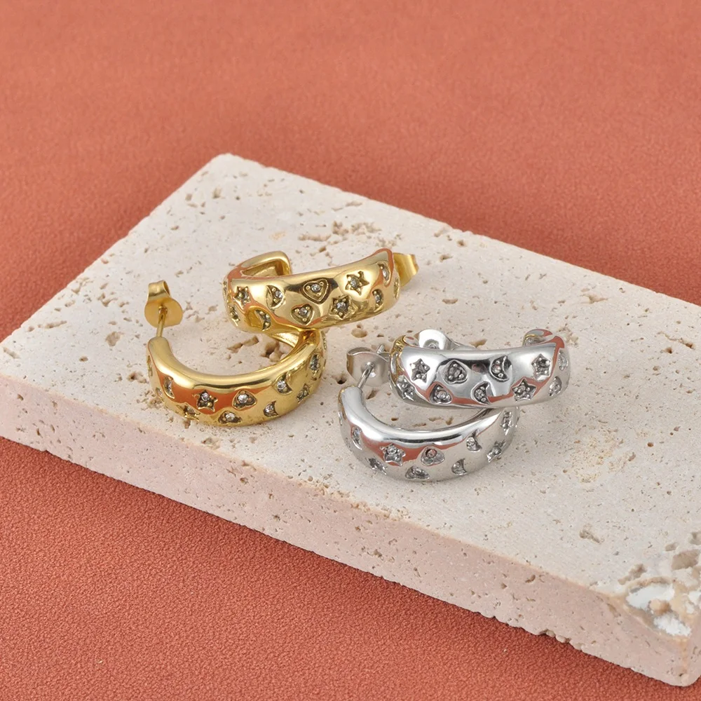 Lokaer Zarte weiße Zirkon-Stern-Mond-Edelstahl-Ohrringe für Damen, trendiger, wasserdichter Schmuck für den täglichen Gebrauch, Geschenke E26060