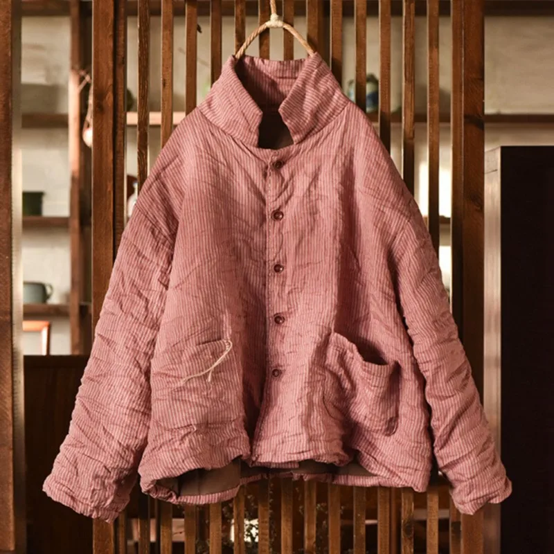 Johnature Women Chinese Style Striped Parkas Stand Spring Linen Coats Button Long Sleeve Clothes 2024 New Vintage Loose Parkas