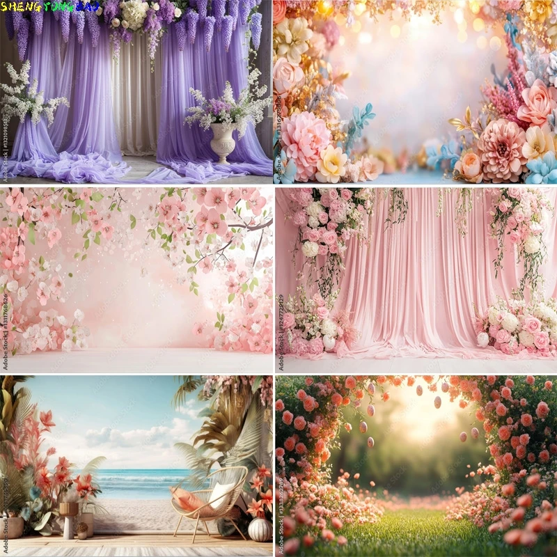 

Stage Background An Elegant Wedding Pink Floral Backdrop Dreamy Sheer Curtains And Cascading Blossoms Photo Studio Props CV-07