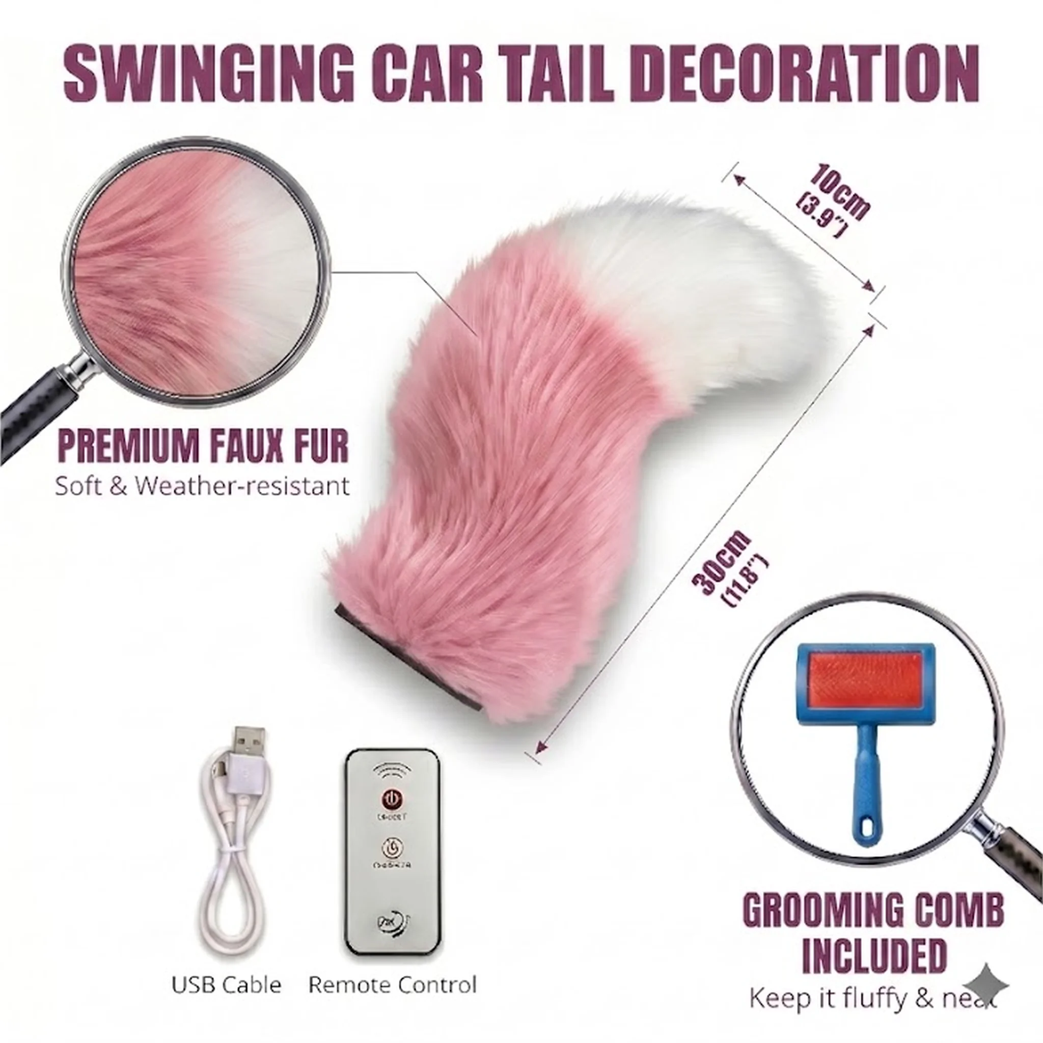 Motorcycle Car Tail Kawaii Car Decoration Electric Scooter Wagging Tail Rechargeable Plush Fluffy Tail For The Car image 4