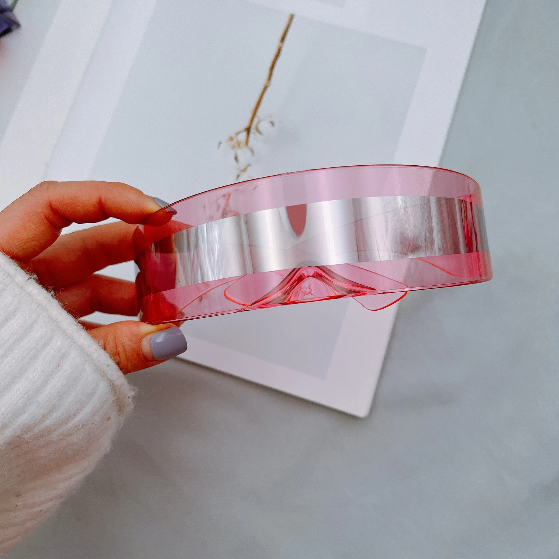 Futuristische Damen-Sonnenbrille mit schmalem Visier, Laser-Brille, Persönlichkeit, verspiegelte Gläser, integrierte Herren-Sonnenbrille – Detail 17