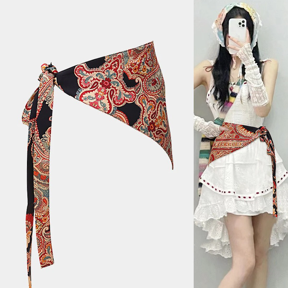 ربطة عنق وشاح مثلثة عرقية بوهيمية جديدة على الطراز الصيني، غطاء خصر مزخرف للسيدات، ستارة ضرطة للفتيات الساخنة