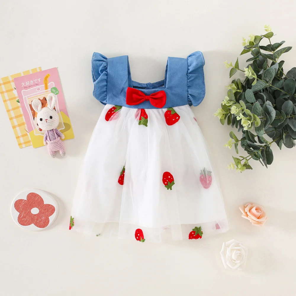 Party Girl Dress Summer Girl Little Flying Sleeve Cowboy Strawberry Embroidered Mesh Cute Sweet Princess Dress