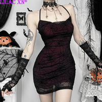 Y2K Sexy Spider Web Lace Mesh Backless Lace-up Party Dresses Goth Vintage Red Black Halter Sleevess Bodycon Mini Dress Women