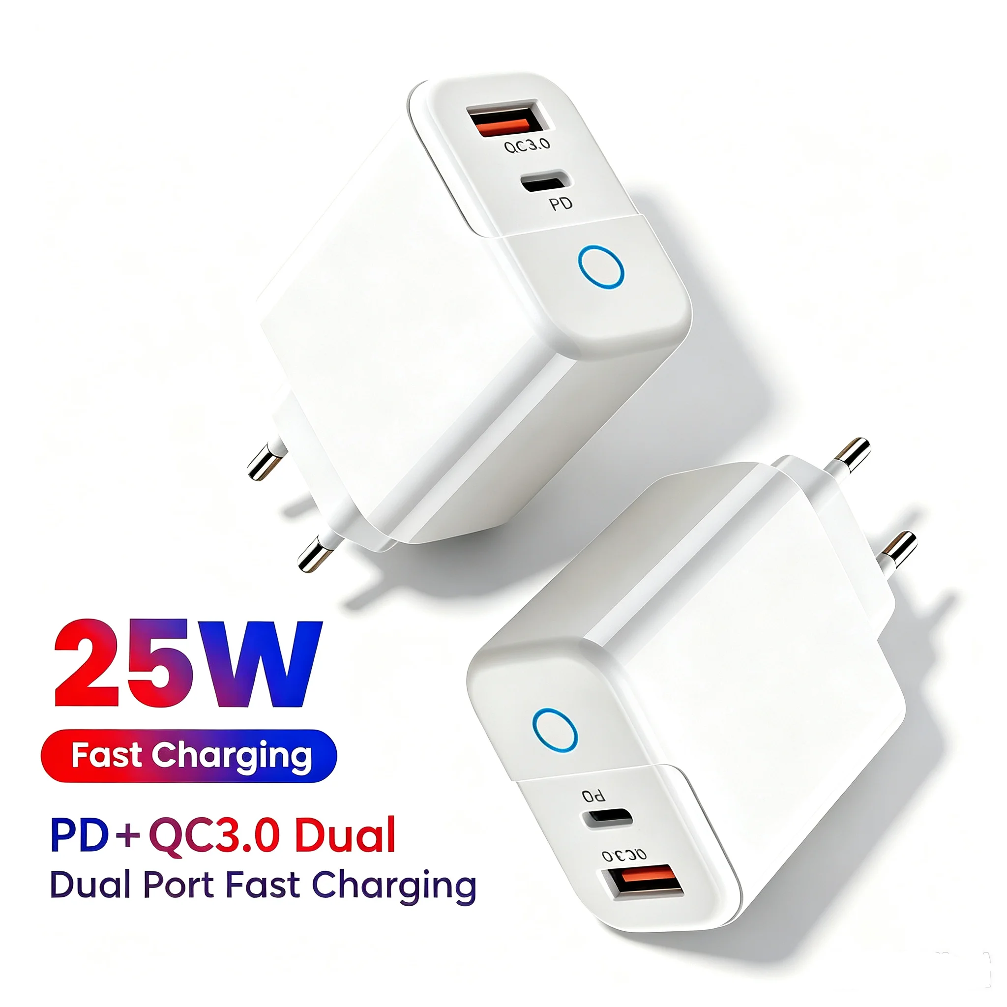 25W Fast Charging Dual Port USB‑A+Type‑C Wall Charger LED PD QC3.0 Travel Phone Charging Adapter For iPhone 17 Samsung Xiaomi