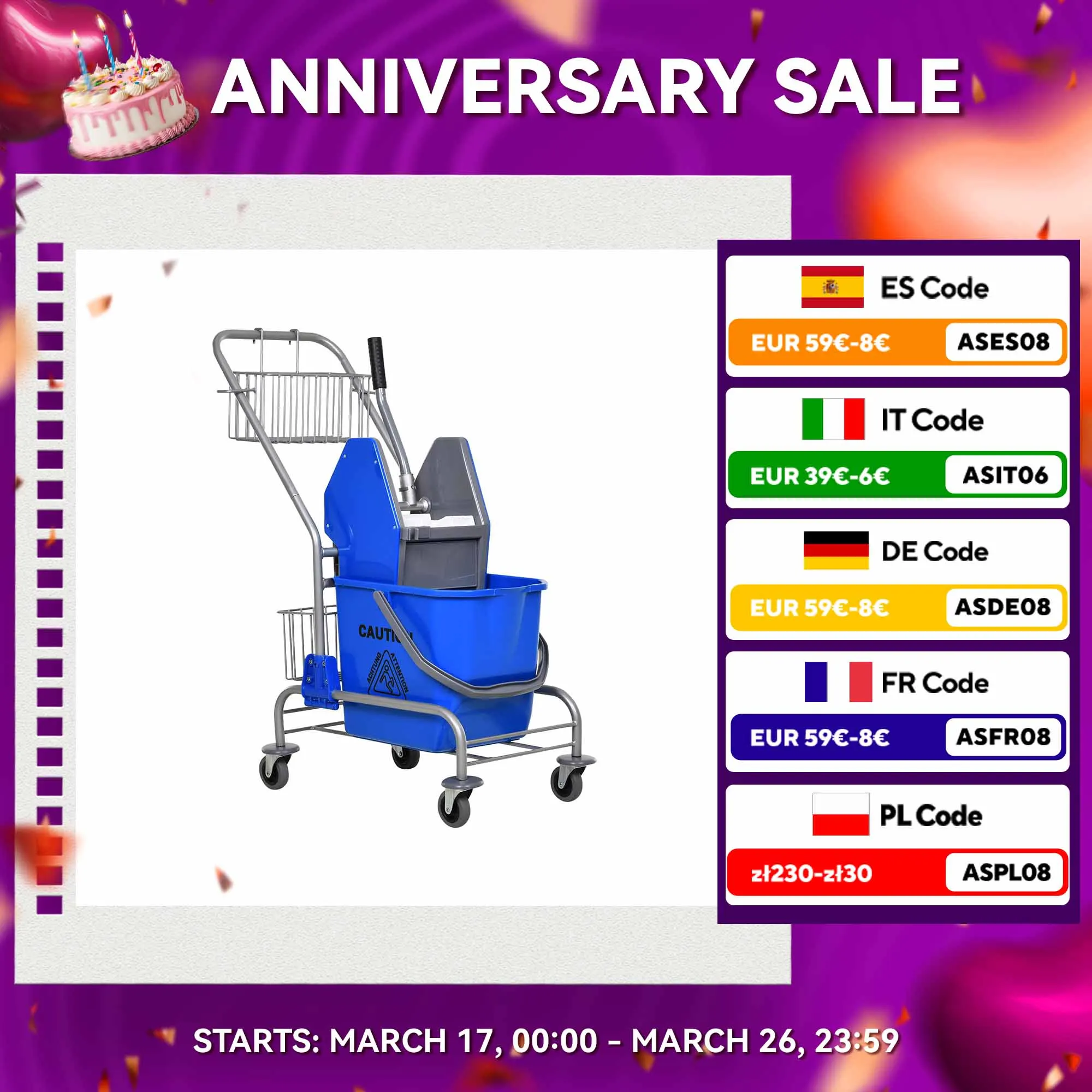 Secchio per mocio commerciale HOMCOM con ruote scolapiatti e cestini capacità di 26