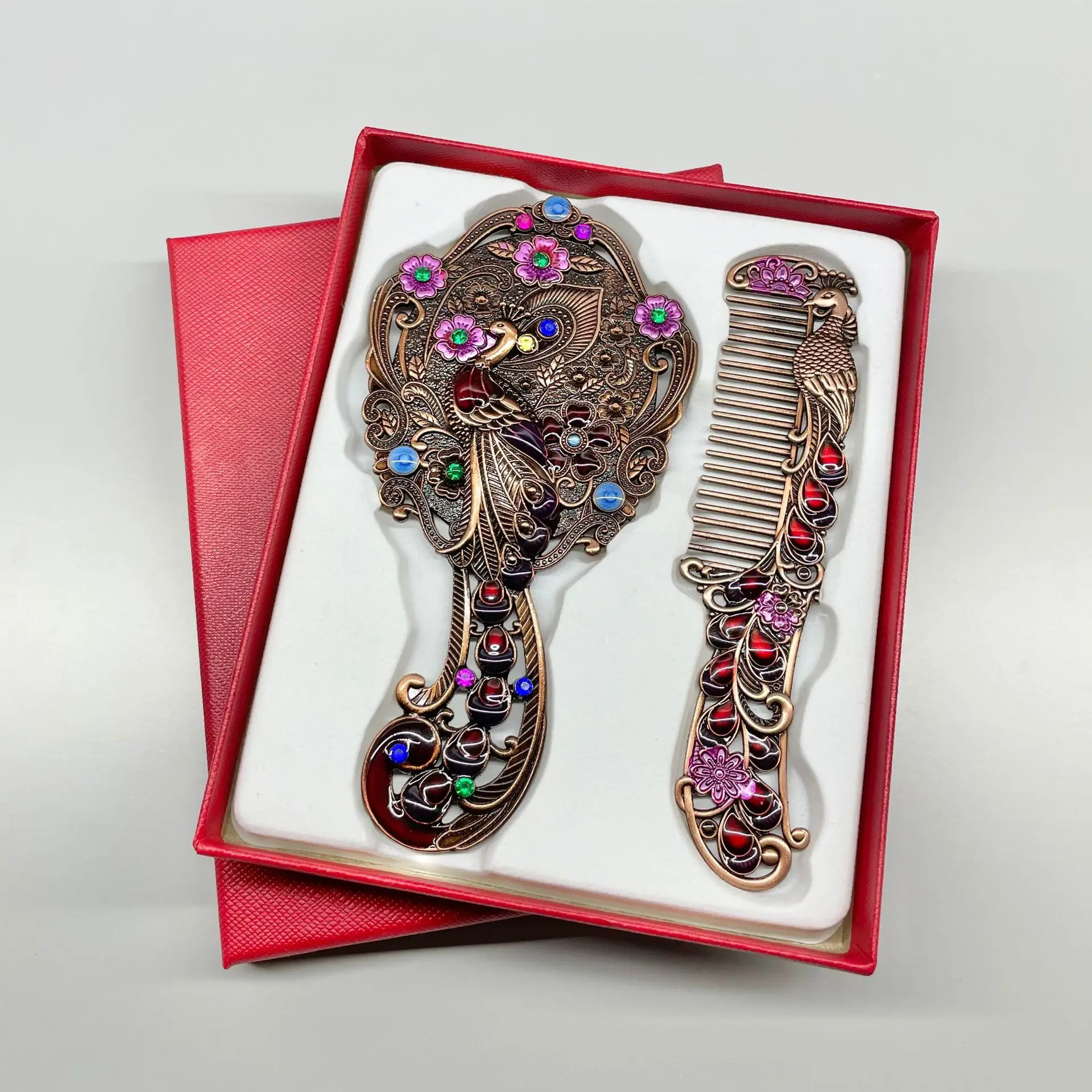 1set Retro Pfau Öffnung Bildschirm Griff Spiegel Kamm Set Metall Make-Up Spiegel Tragbare Mittleren Alters Exquisite Geburtstag Geschenk Handwerk