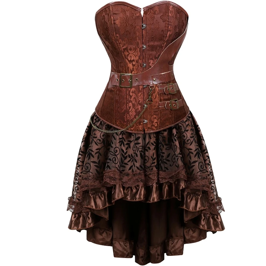 

Pirate Corset Dress for Women Steampunk Leather Overbust Corset Top With Victorian Asymmetrical Ruffled Satin Lace Trim Dress