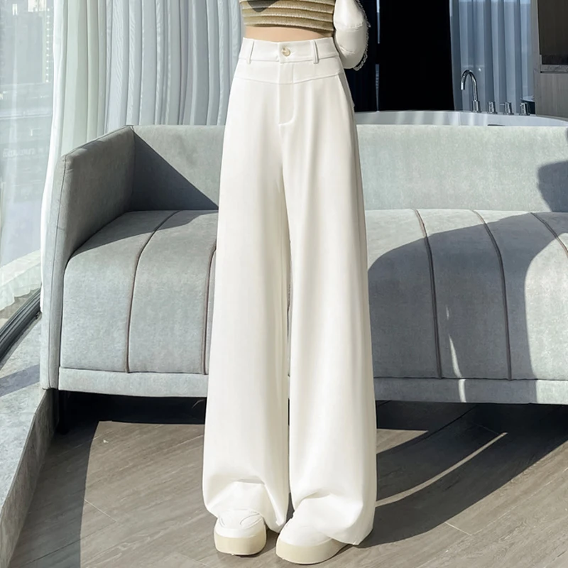 เอวสูงกางเกงสูทขากว้างผู้หญิงฤดูใบไม้ร่วงฤดูหนาวสไตล์ใหม่หลวมสบายๆกางเกงตรงสง่างามเสื้อผ้าหญิง