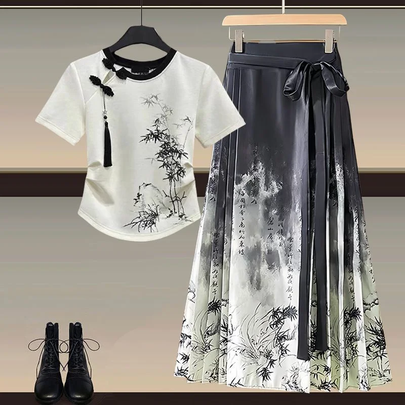 Han Su National Style Midi Skirt Women's Summer round Neck Short Sleeve Water-Media  Face New Chinese Long Skirt