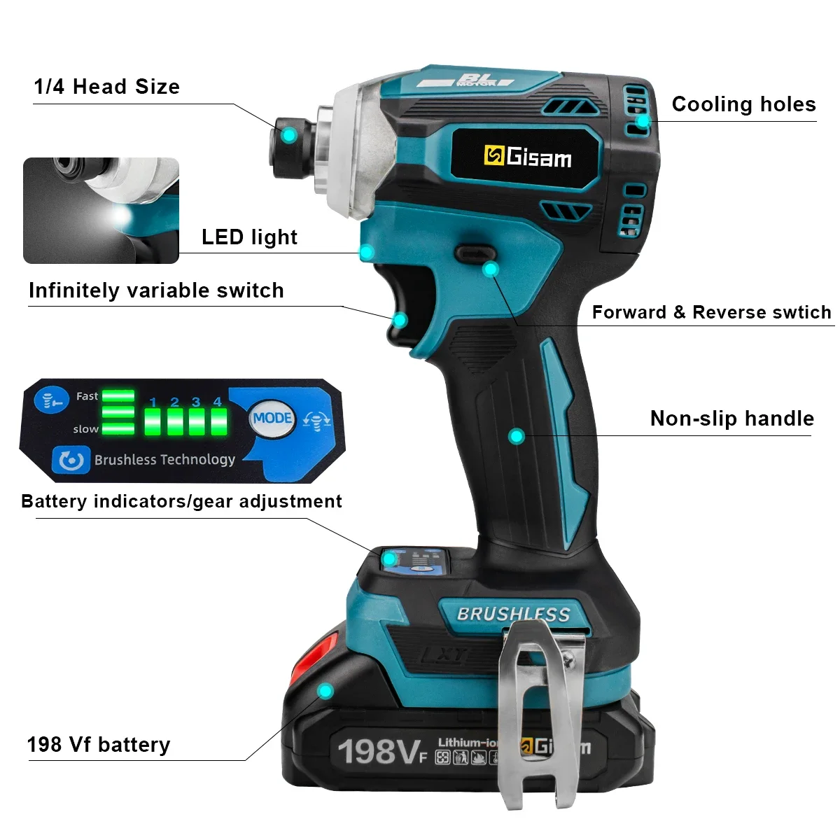 588N.m Brushless Cordless Driver Drill Impact Electric Screwdriver 4 Speed with LED Light Power Tool For 18V Makita Battery