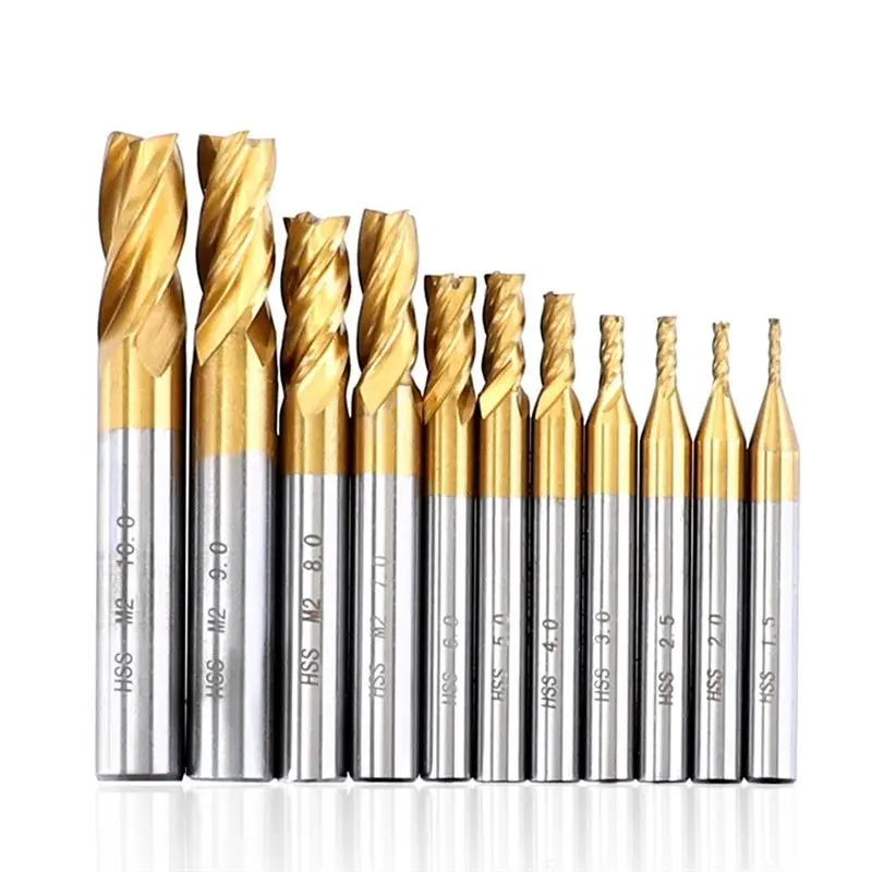 Happy Too.11Pcs Milling Cutters 4-Flute Titanium Coated HSS End Mill Set 1.5-10Mm CNC Router Bit For Wood Steel Milling