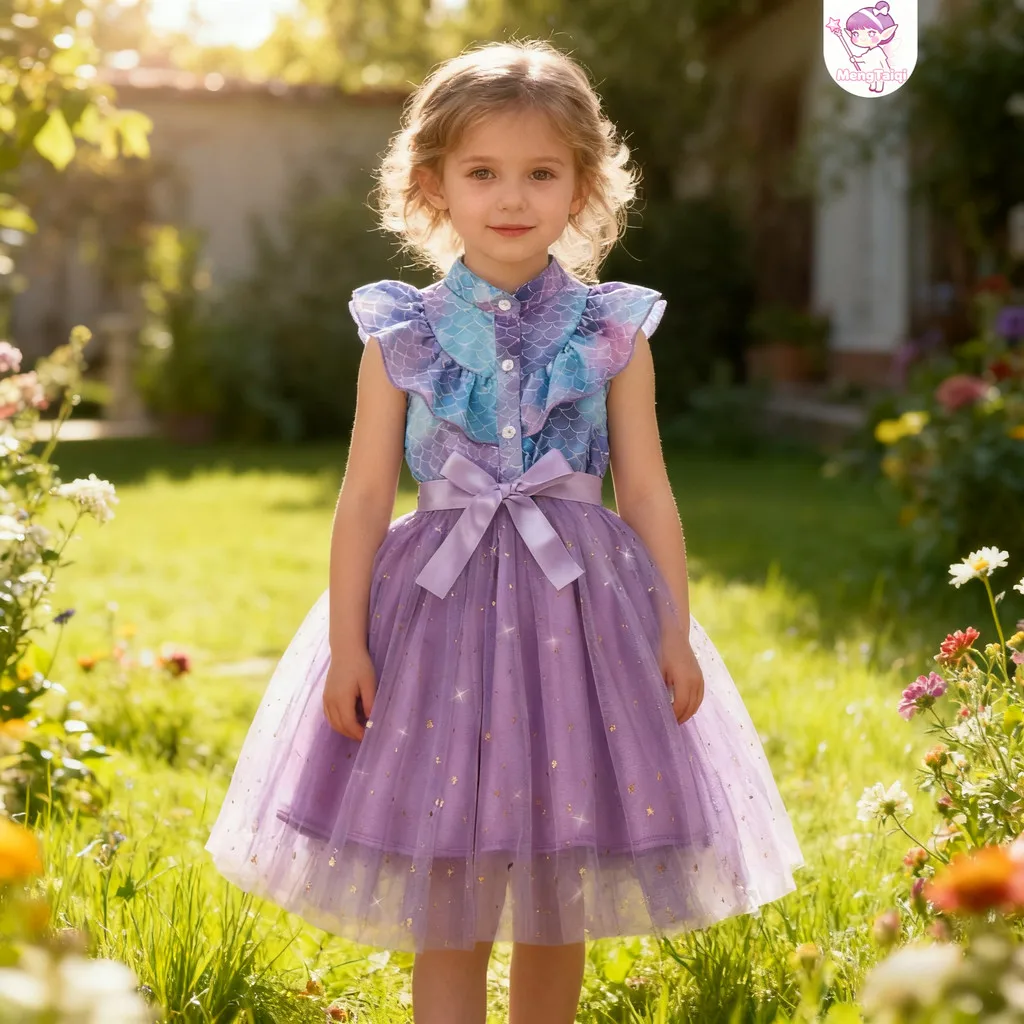 Kids Girl Mermaid Dress Summer Purple Fish Scale Short Sleeve Toddler Princess Dress Birthday Party Children Dress 3 4 5 6 7 Yrs