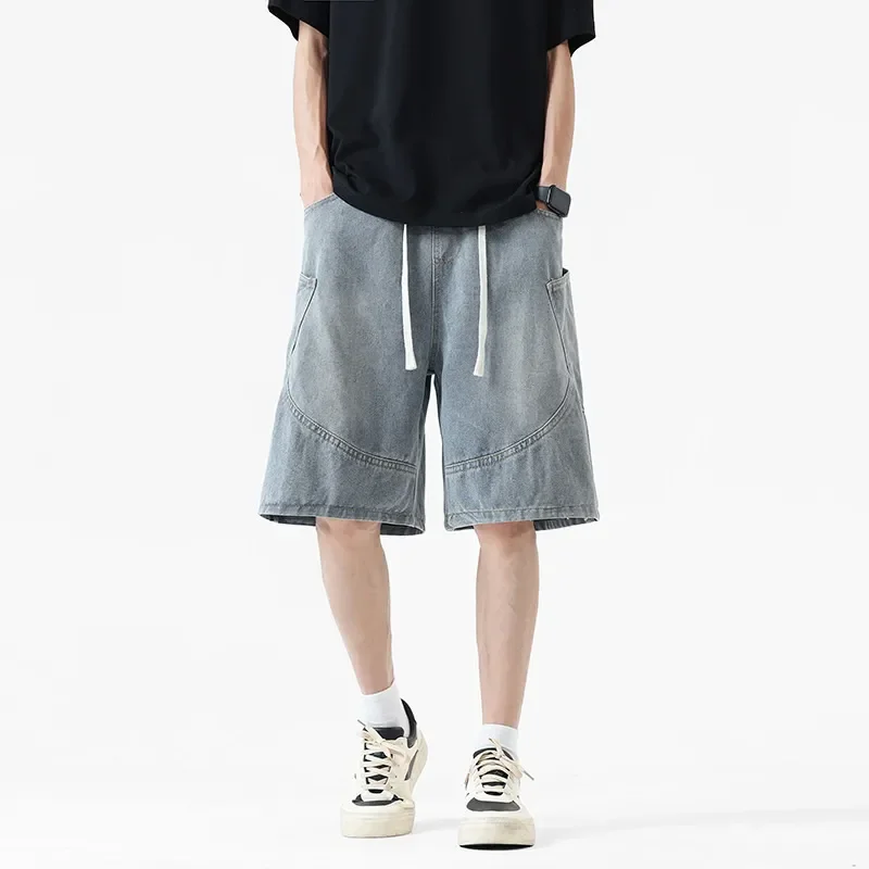 

Men's American Retro Loose Denim Shorts Casual Mid-Waist 5-Point Shorts In Washed Blue