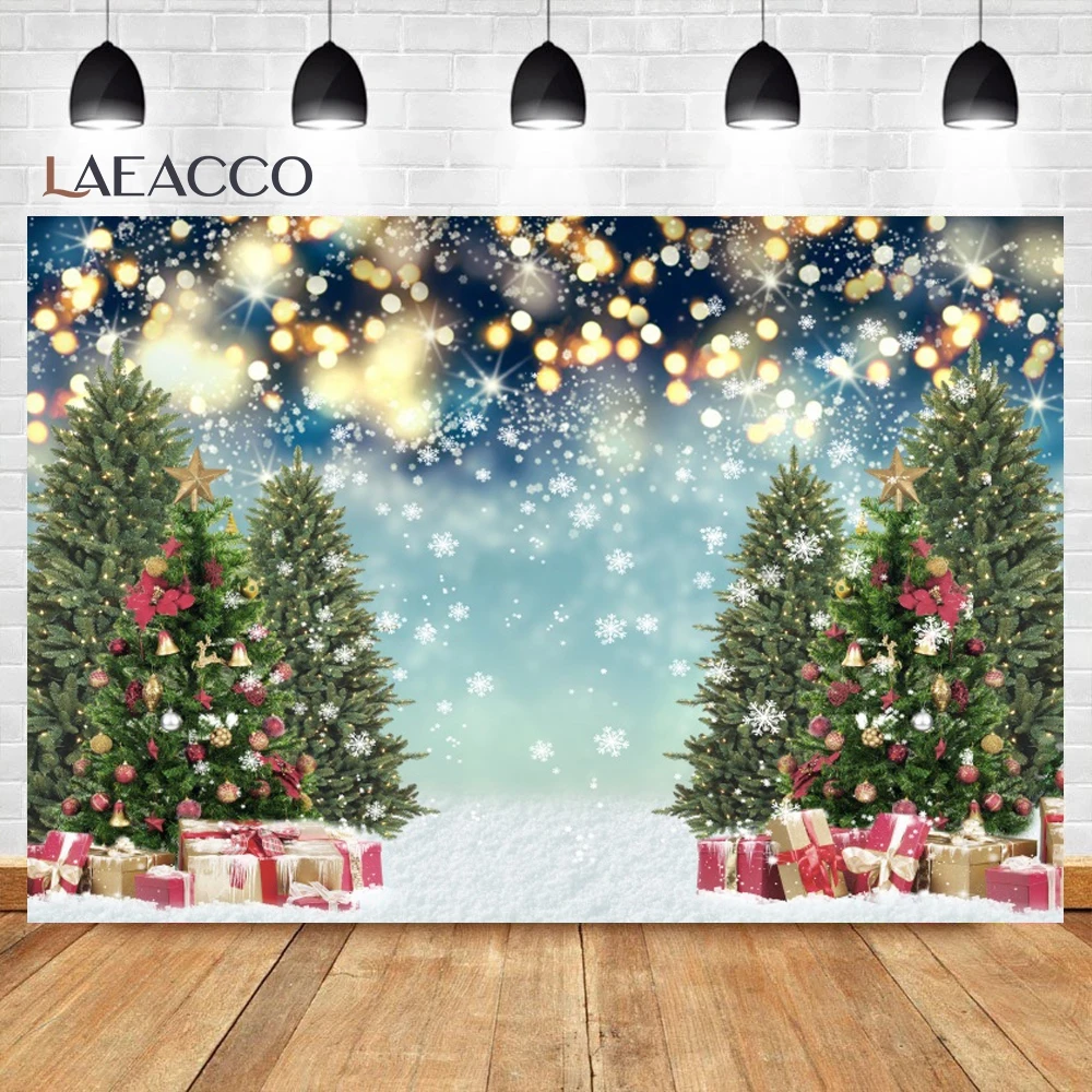 Laeacco Winter Snow Forest Photo Backdrop Christmas Tree Decor Indoor Portrait Photograph Prop Landscape Background Party Banner